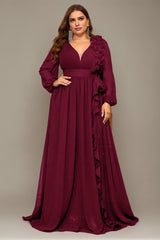 Curveins Plus Size V-Neck Chiffon Maxi Dress with Floral Lantern Sleeves