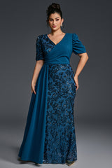 Curveins Plus Size V-Neck Sequin Patchwork Pattern Maxi Dress