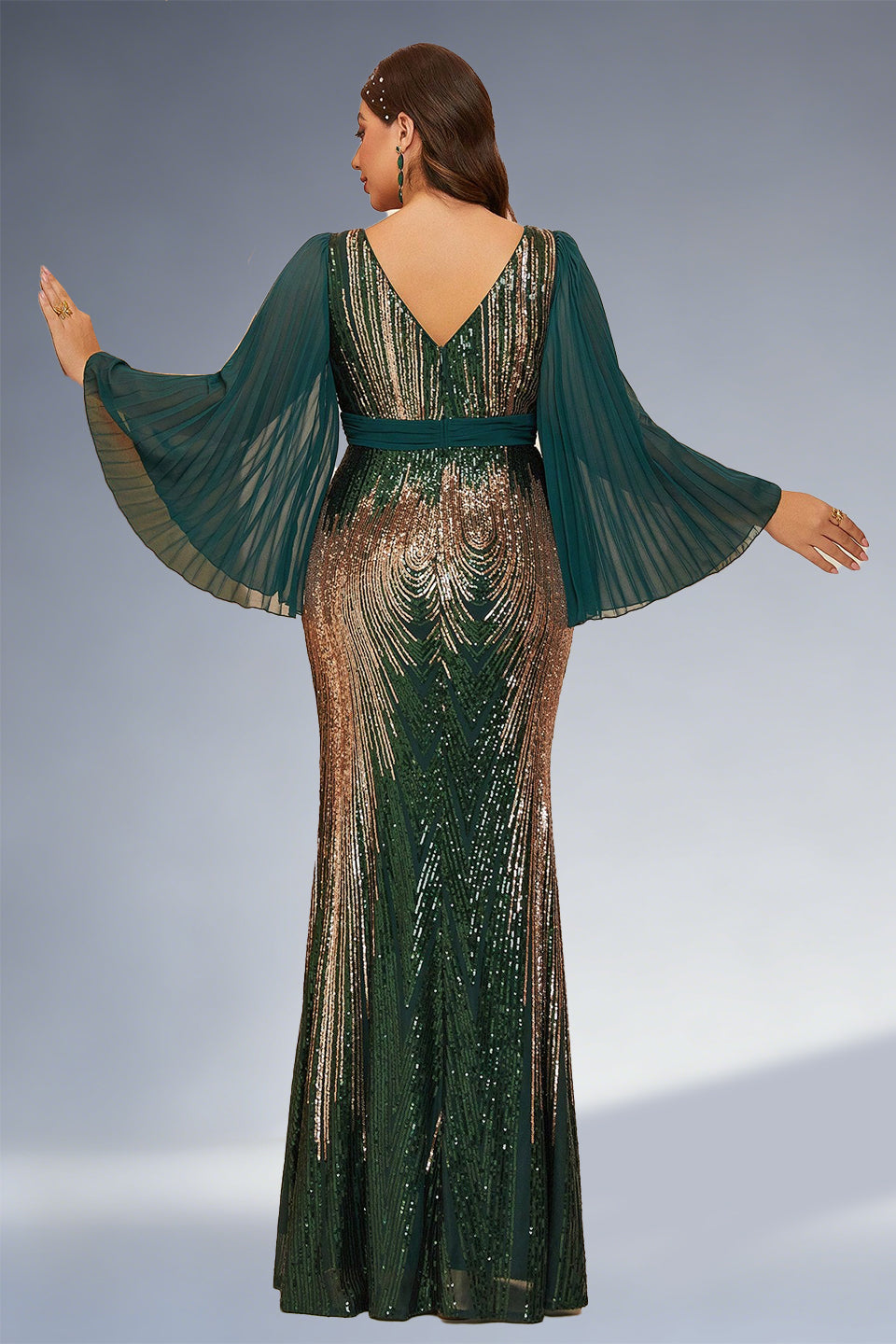 Curveins Plus Size Sparkling V-Neck Batwing Long-Sleeve Curve-Fit Maxi Dress