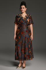 Curveins Plus Size Velvet Surplice Vintage Plain Maxi Dress