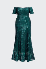 Curveins Plus Size Off Shoulder Striped Sequin Cinched Waist Evening Maxi Dress