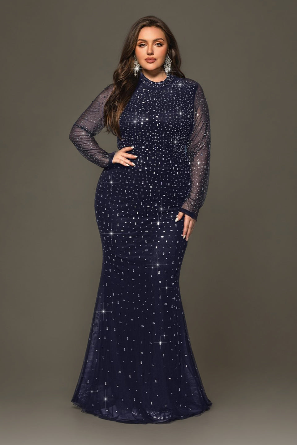 Curveins Plus Size Elegant Round Neck Sheer Sleeves Sequin-Hugging Long Dress