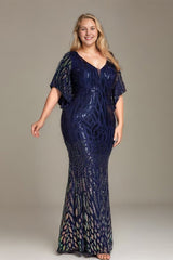 Curveins Plus Size V-Neck Batwing Sleeve Gradient Sequin Bodycon Maxi Dress