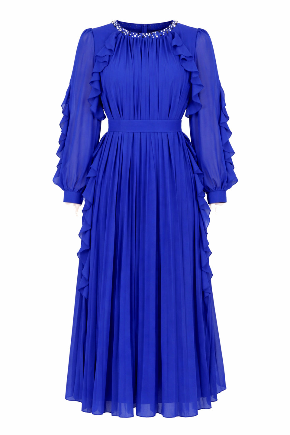 Curveins Plus Size Elegant Round Neck Long Sleeve Ruched Waist Slim Fit Evening Maxi Dress