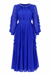 Curveins Plus Size Elegant Round Neck Long Sleeve Ruched Waist Slim Fit Evening Maxi Dress