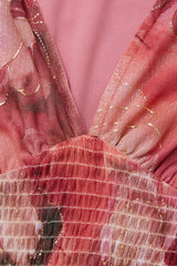 Curveins Plus Size V Neck Long Sleeve Floral Waist Maxi Dress