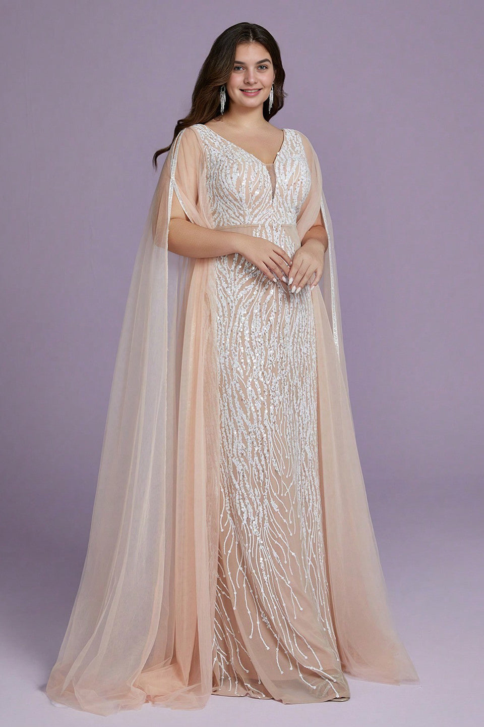 Curveins Plus Size V-Neck Sequin Maxi Dress with Cape Sleeves