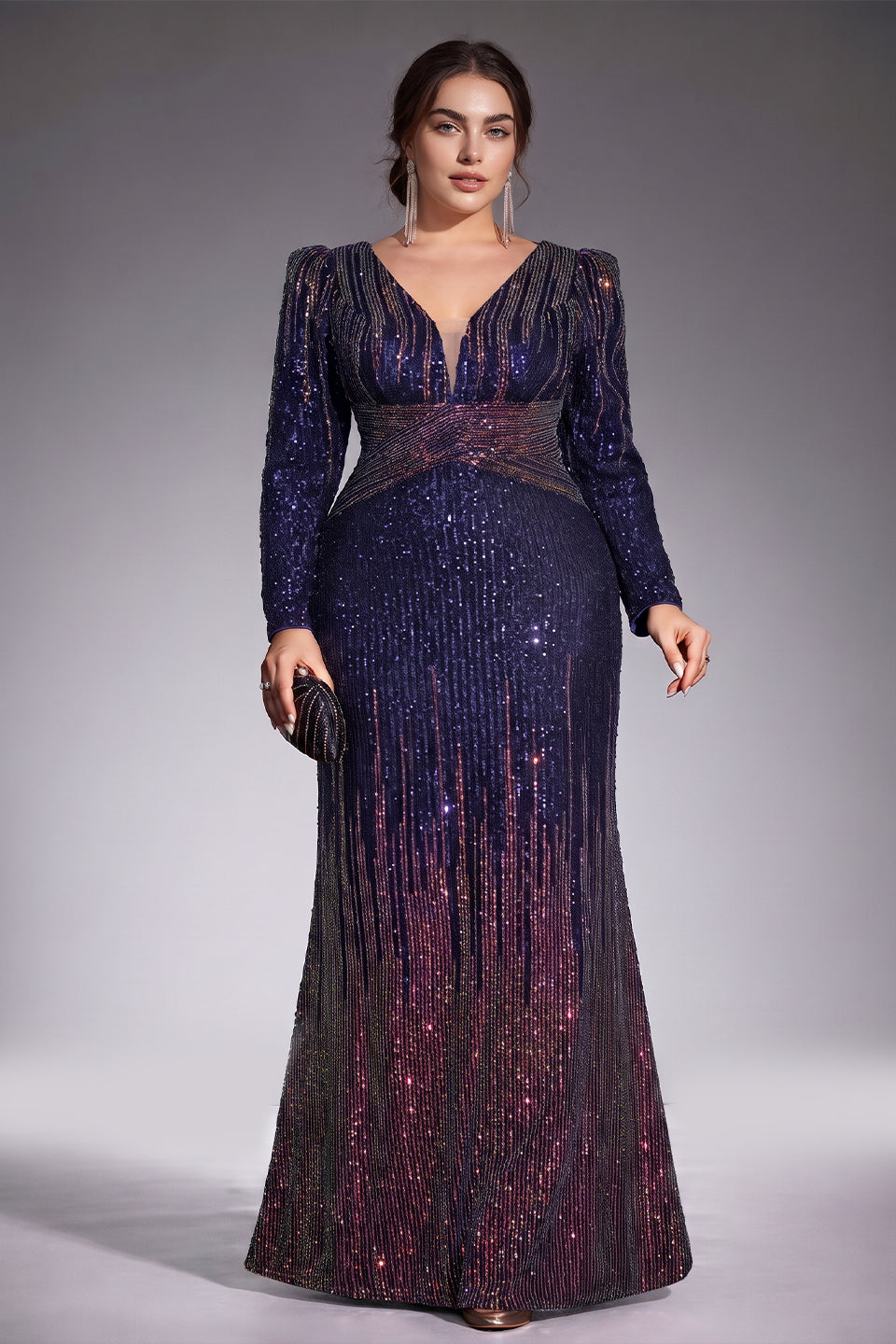 Curveins Plus Size V Neck Long Sleeve Sequin Cinched Waist Bodycon Maxi Dress