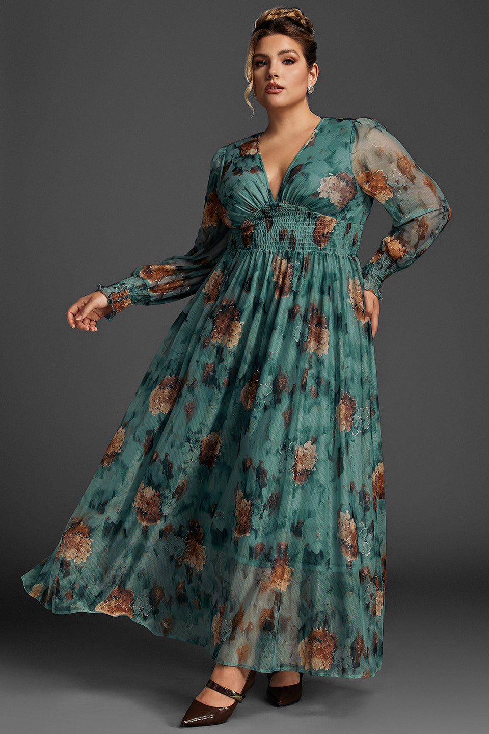 Curveins Plus Size V-Neck Floral Mesh Maxi Dress Curveins Plus Size V-Neck Floral Mesh Maxi Dress