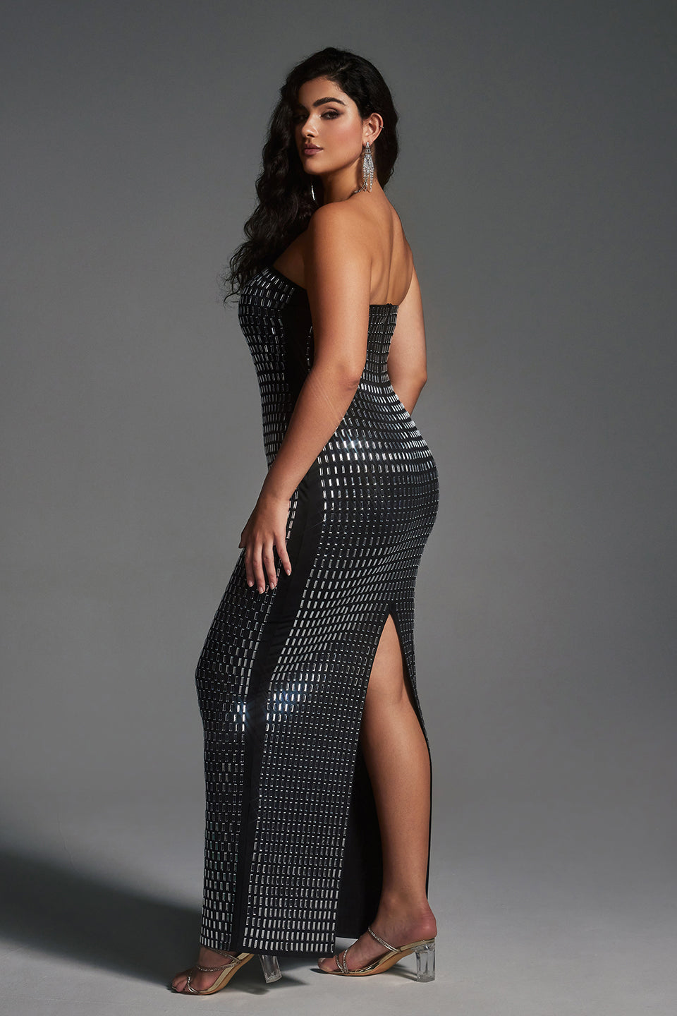 Curveins Plus Size Strapless Metallic Rhinestones Sequin Maxi Dress