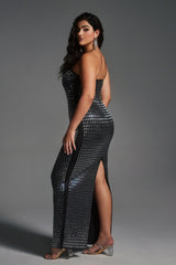 Curveins Plus Size Strapless Metallic Rhinestones Sequin Maxi Dress