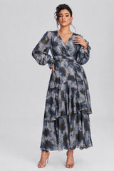 Curveins Plus Size V Neck Lantern Sleeve Cinched Waist Elegant Maxi Dress