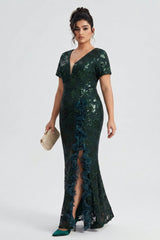 Curveins Plus Size V Neck Short Sleeve Sequin High Slit 3D Flower Bodycon Maxi Dress