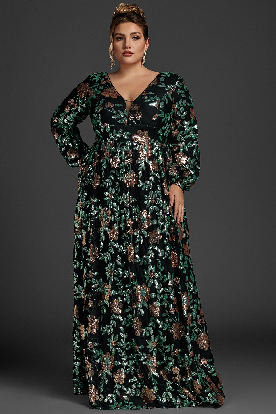 Curveins Plus Size V-Neck Sequin Lantern Sleeve Maxi Dress