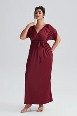 Curveins Plus Size Elastic Waist Shirred V-Neck Wrap Maxi Dress