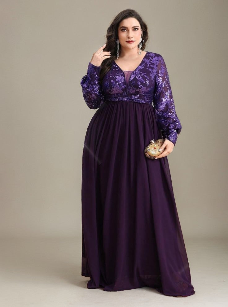 Curveins Plus Size V-Neck Sequin Floral Panel Maxi Dress