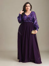 Curveins Plus Size V-Neck Sequin Floral Panel Maxi Dress