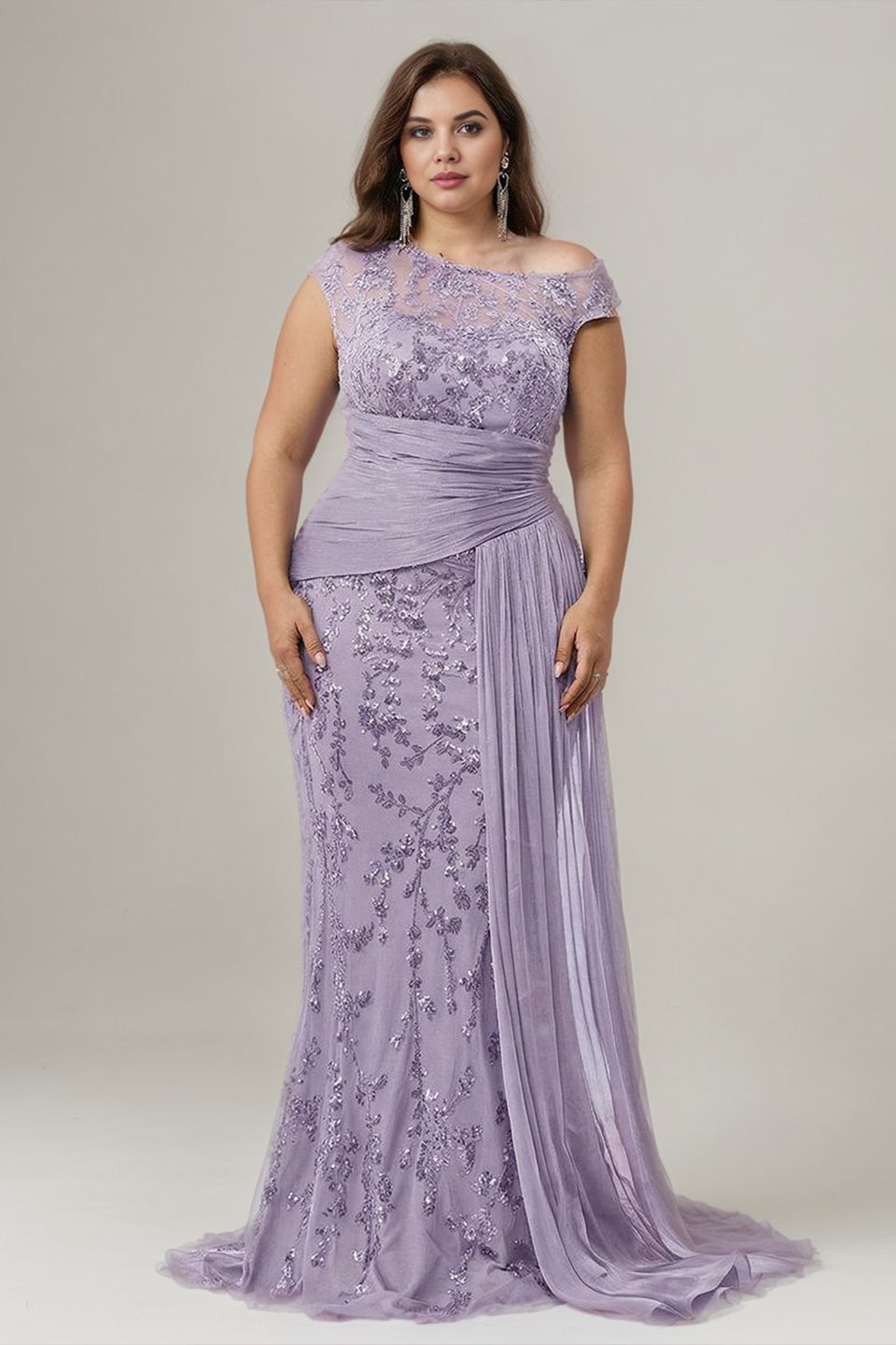 Curveins Plus Size One Shoulder Sleeveless Embroidered Sequin Patchwork Bodycon Maxi Dress