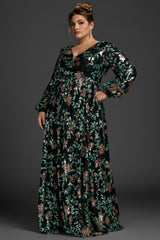 Curveins Plus Size V-Neck Sequin Lantern Sleeve Maxi Dress