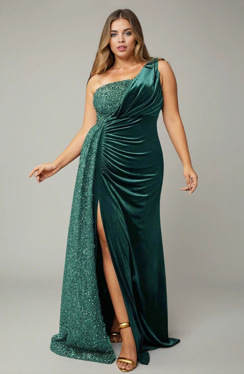 Curveins Plus Size One Shoulder Sequin Patchwork High Slit Maxi Dress