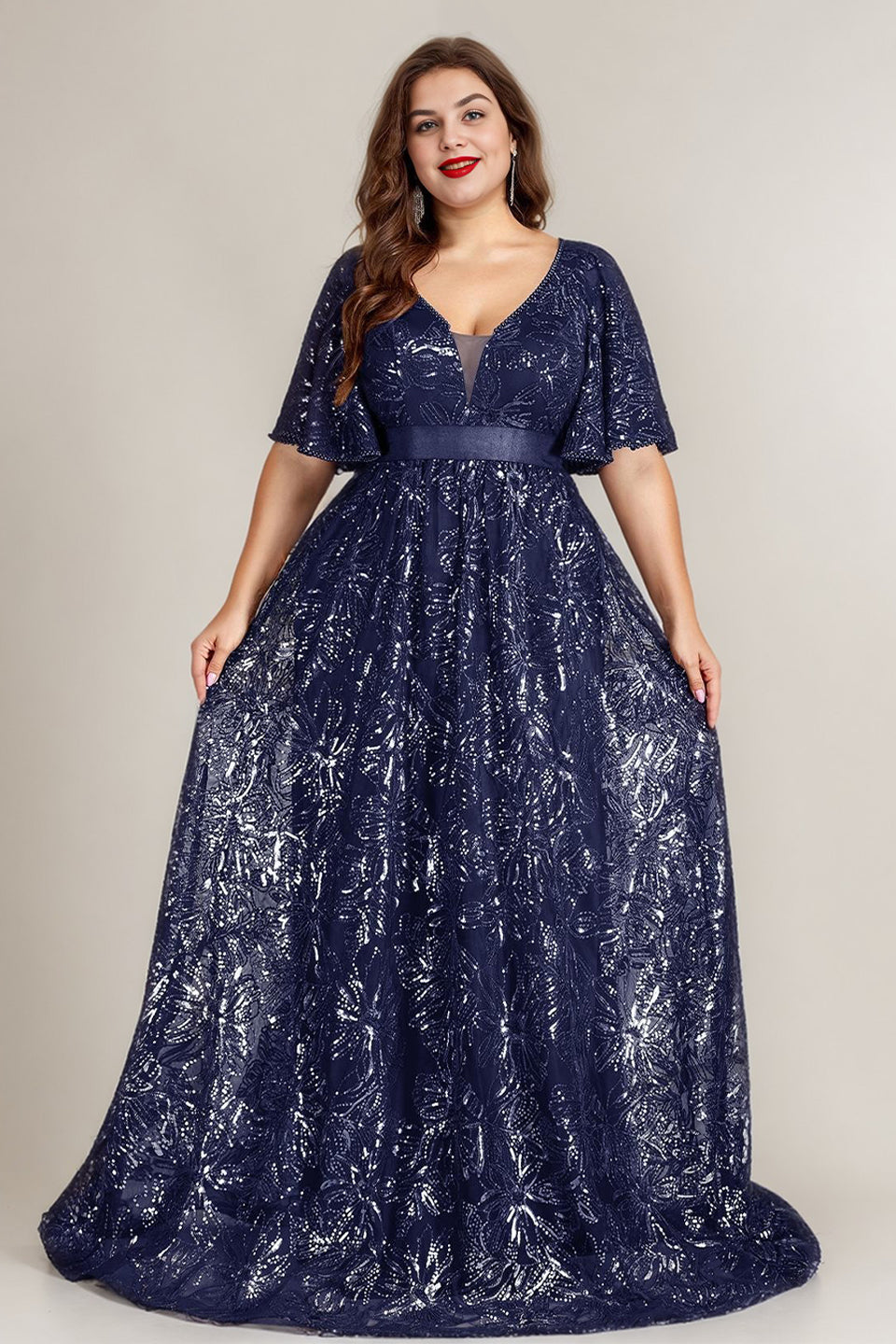 Curveins Plus Size Sparkly Floral V Neck Batwing Sleeve Gathered Waist Flowy Maxi Dress