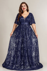 Curveins Plus Size Sparkly Floral V Neck Batwing Sleeve Gathered Waist Flowy Maxi Dress