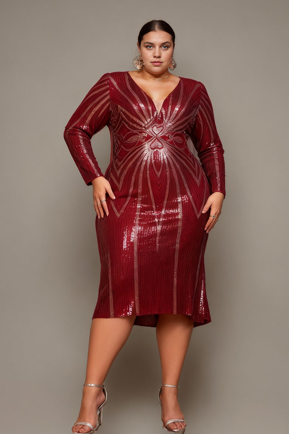 Curveins Plus Size V-Neck Long Sleeve Sequin Bodycon Midi Dress
