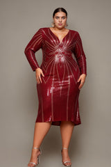 Curveins Plus Size V-Neck Long Sleeve Sequin Bodycon Midi Dress