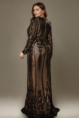 Curveins Elegant Plus Size V-Neck Floral Long Sleeve Bodycon Dress