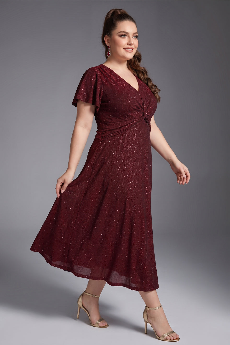 Curveins Plus Size V Neck Short Sleeve Ruched Sparkling Flared Midi Dress