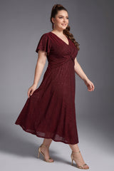 Curveins Plus Size V Neck Short Sleeve Ruched Sparkling Flared Midi Dress