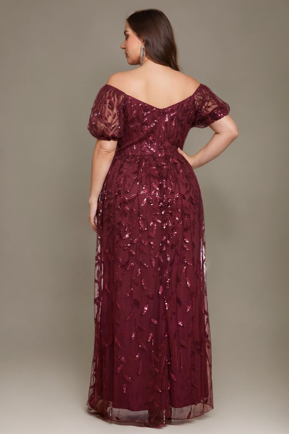Curveins Plus Size Short Sleeve Embroidered Sequin Puff Sleeve Elegant Maxi Dress