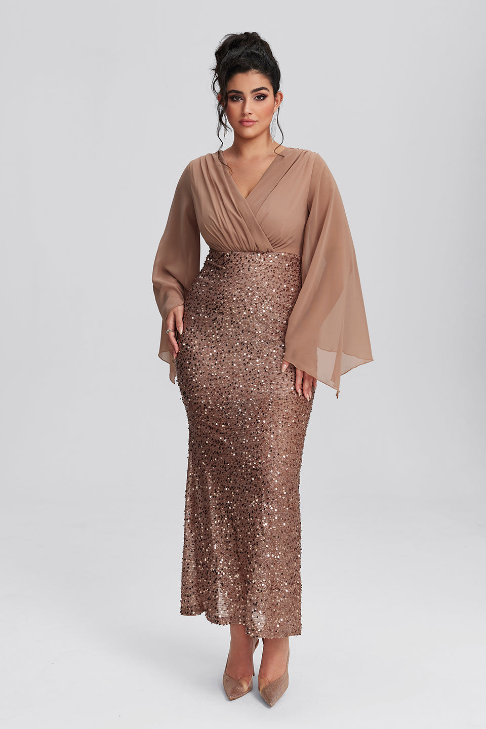 Curveins Plus Size Hem Sequin Asymmetrical Sleeve V-neck Maxi Dress