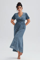 Curveins Plus Size V-Neck Velvet Plain Maxi Dress