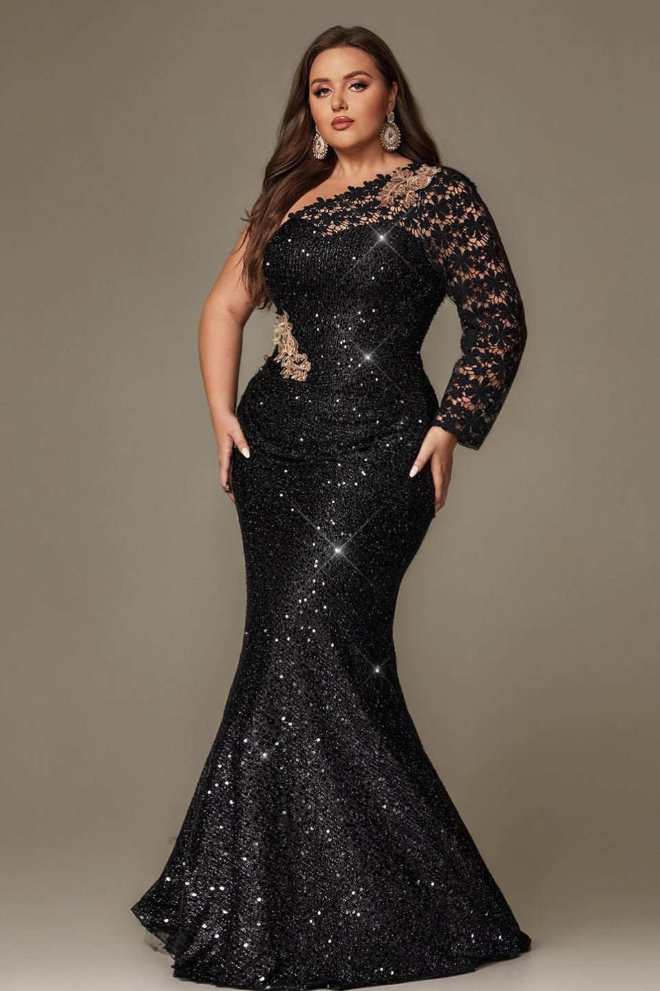 Curveins Plus Size One Shoulder Sequin High Slit Elegant Glamorous Evening Maxi Dress