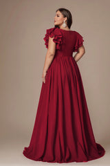 Curveins Plus Size V-Neck Ruffle Sleeve Split A-Line Maxi Dress