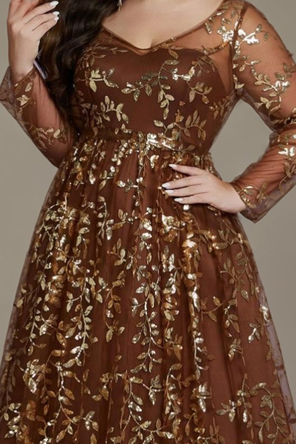 Curveins Plus Size Elegant V-Neck Sequin Floral Long-Sleeve Fitted Maxi Dress