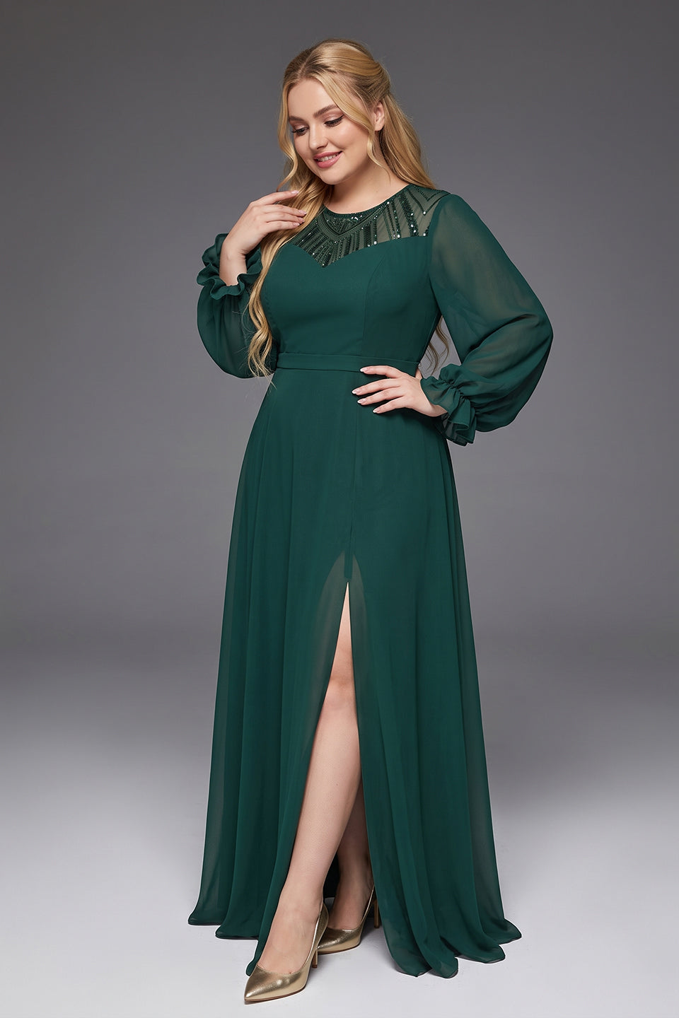 Curveins Plus Size Round Neck Lantern Sleeve Waist-Defining Sequin Panel Slit Maxi Dress