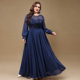 Curveins Plus Size Round Neck Long Sleeve Pleated Maxi Dress