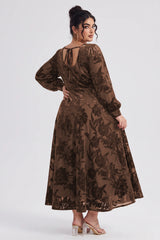 Curveins Plus Size Elegant Square Neck Long Sleeve Floral Print Velvet Split Maxi Dress
