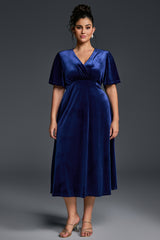 Curveins Plus Size Velvet V-Neck Ruched Hem Maxi Dress