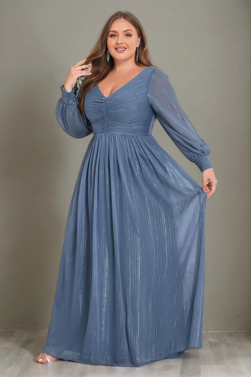 Curveins Plus Size V-Neck Long Sleeve Glitter Maxi Dress