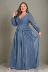 Curveins Plus Size V-Neck Long Sleeve Glitter Maxi Dress