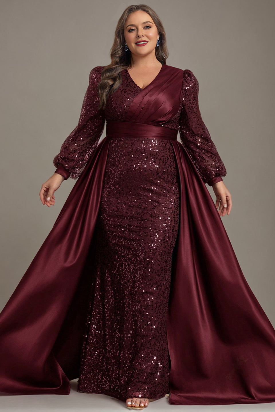 Curveins Plus Size Luxury Satin-Cape V-Neck Sequin Panel Long Sleeve Maxi Dress
