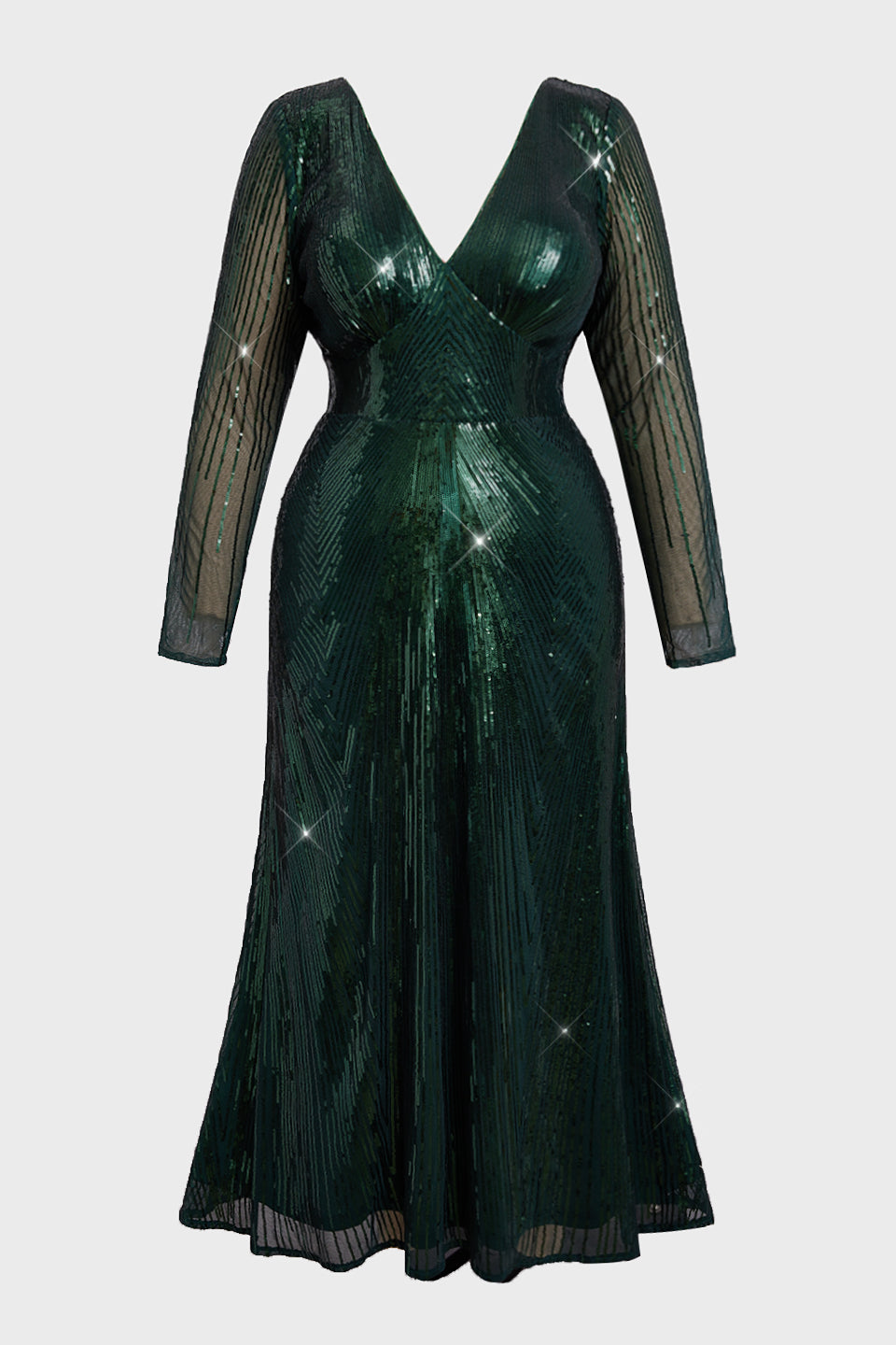 Curveins Plus Size V Neck Long Sleeve Sequin Maxi Dress