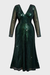 Curveins Plus Size V Neck Long Sleeve Sequin Maxi Dress