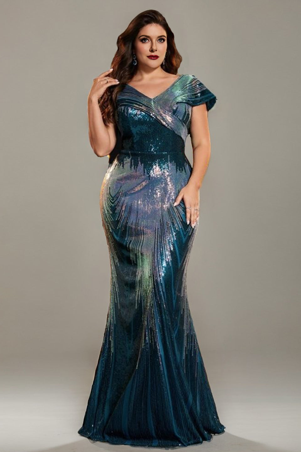 Curveins Plus Size Elegant V-Neck Cap Sleeve Sequin Bodycon Maxi Dress