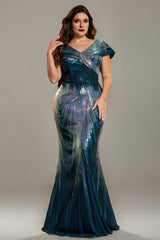Curveins Plus Size Elegant V-Neck Cap Sleeve Sequin Bodycon Maxi Dress