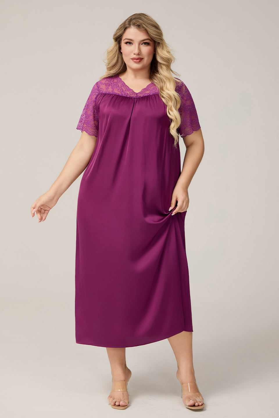 Curveins Plus Size Ice Silk Short Sleeve Loose Fit Comfortable Sleep Dress
