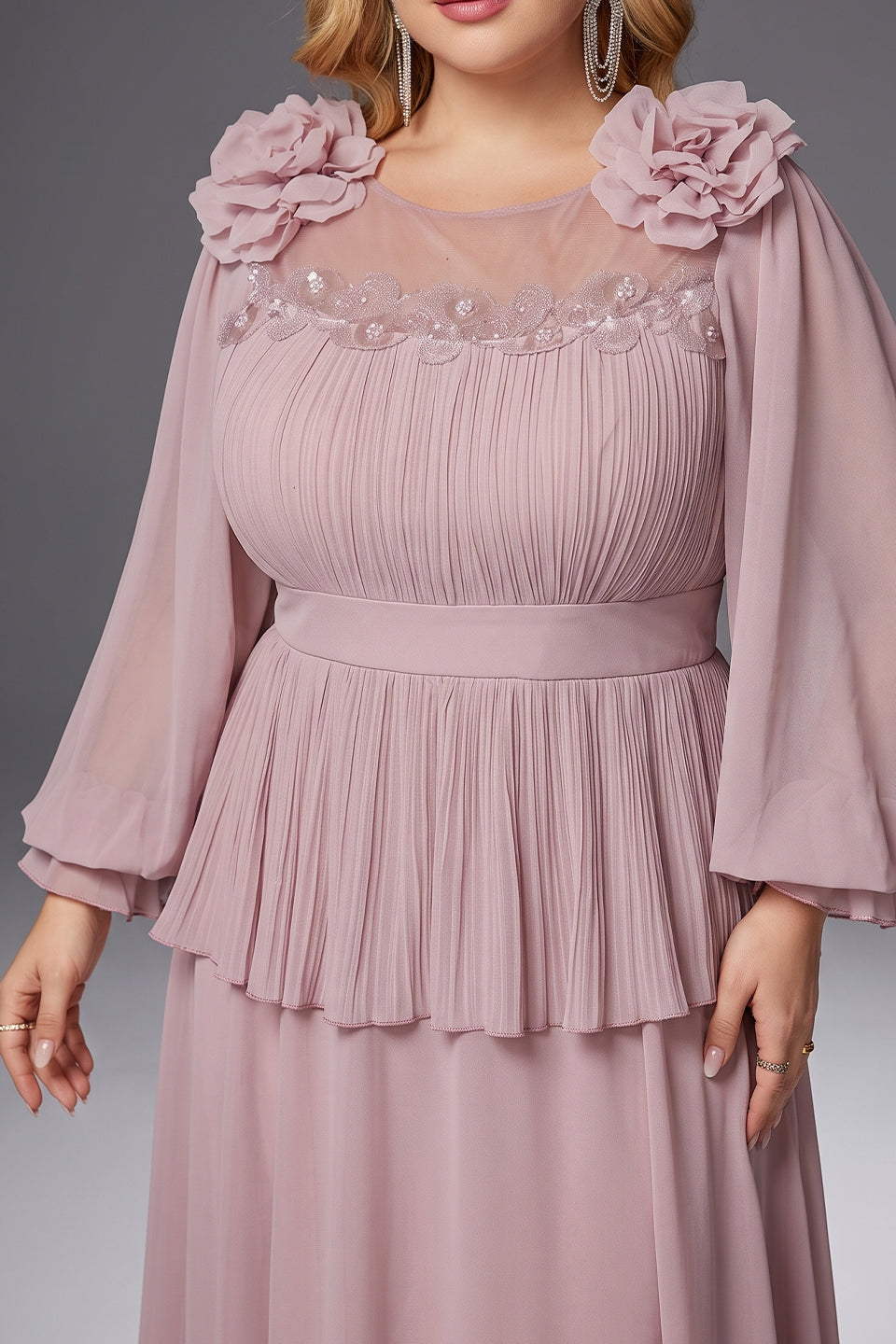 Curveins Plus Size Crew Neck Puff Sleeve Faux Two Piece Panelled Maxi Dress